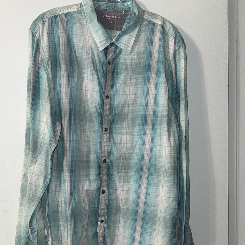 Men's XL Calvin Klein Jeans Teal and White Plaid Button-Down Shirt